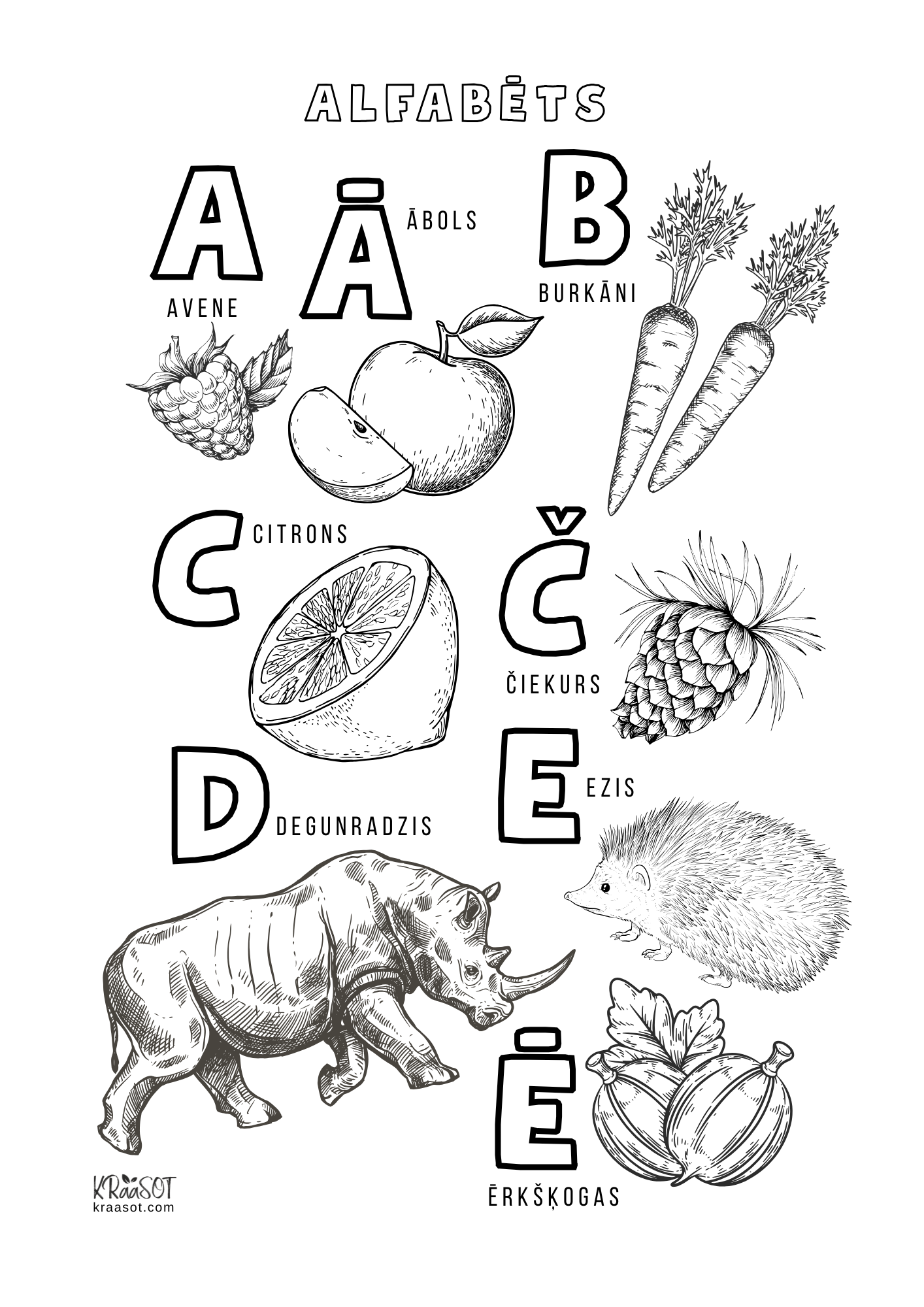Latviešu valodas alfabēta krāsojamās lapas | Printējams PDF bērniem