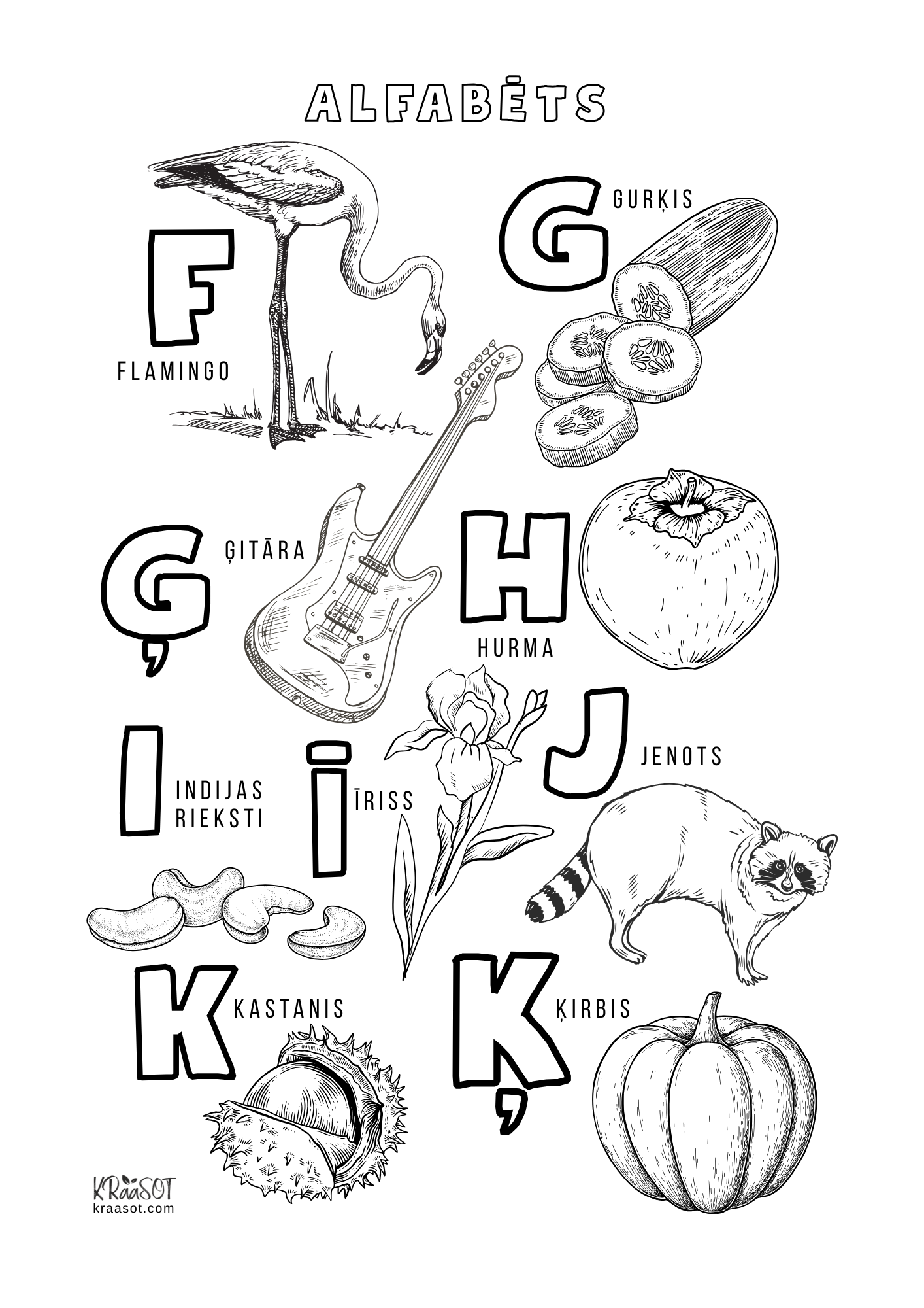 Latviešu valodas alfabēta krāsojamās lapas | Printējams PDF bērniem