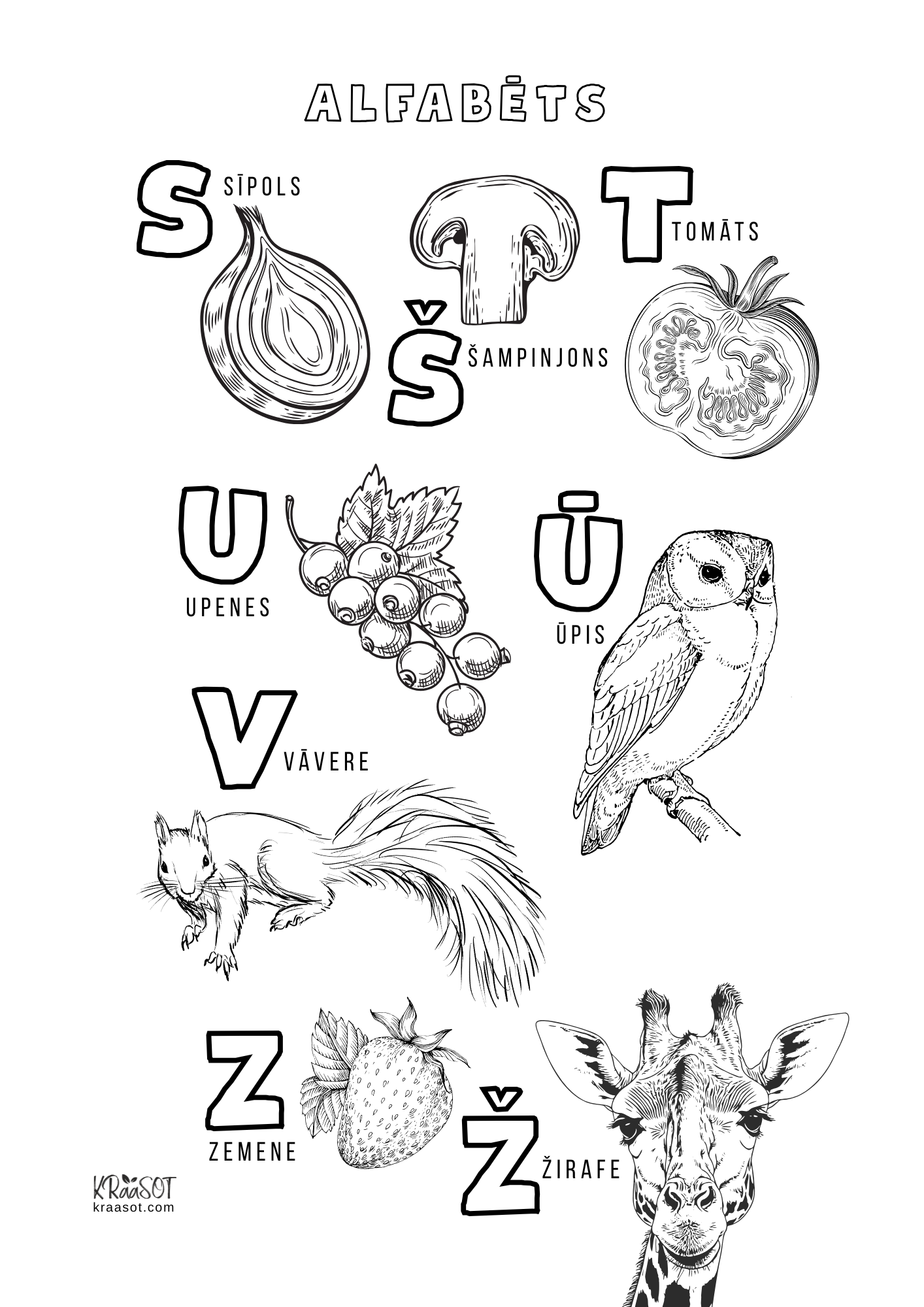 Latviešu valodas alfabēta krāsojamās lapas | Printējams PDF bērniem